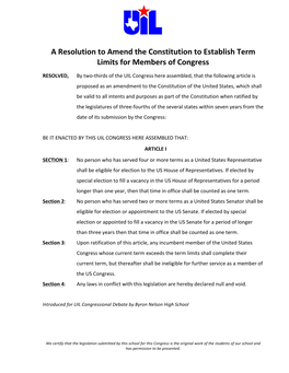 A Resolution to Amend the Constitution to Establish Term Limits for Members of Congress