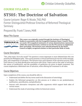 ST505: the Doctrine of Salvation Course Lecturer: Roger R