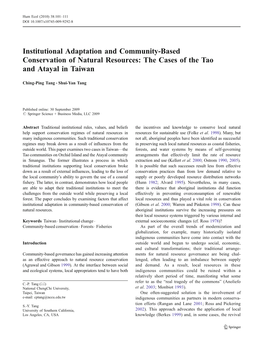 Institutional Adaptation and Community-Based Conservation of Natural Resources: the Cases of the Tao and Atayal in Taiwan