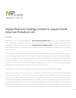 Impala Platinum Holdings Limited to Acquire North American Palladium Ltd