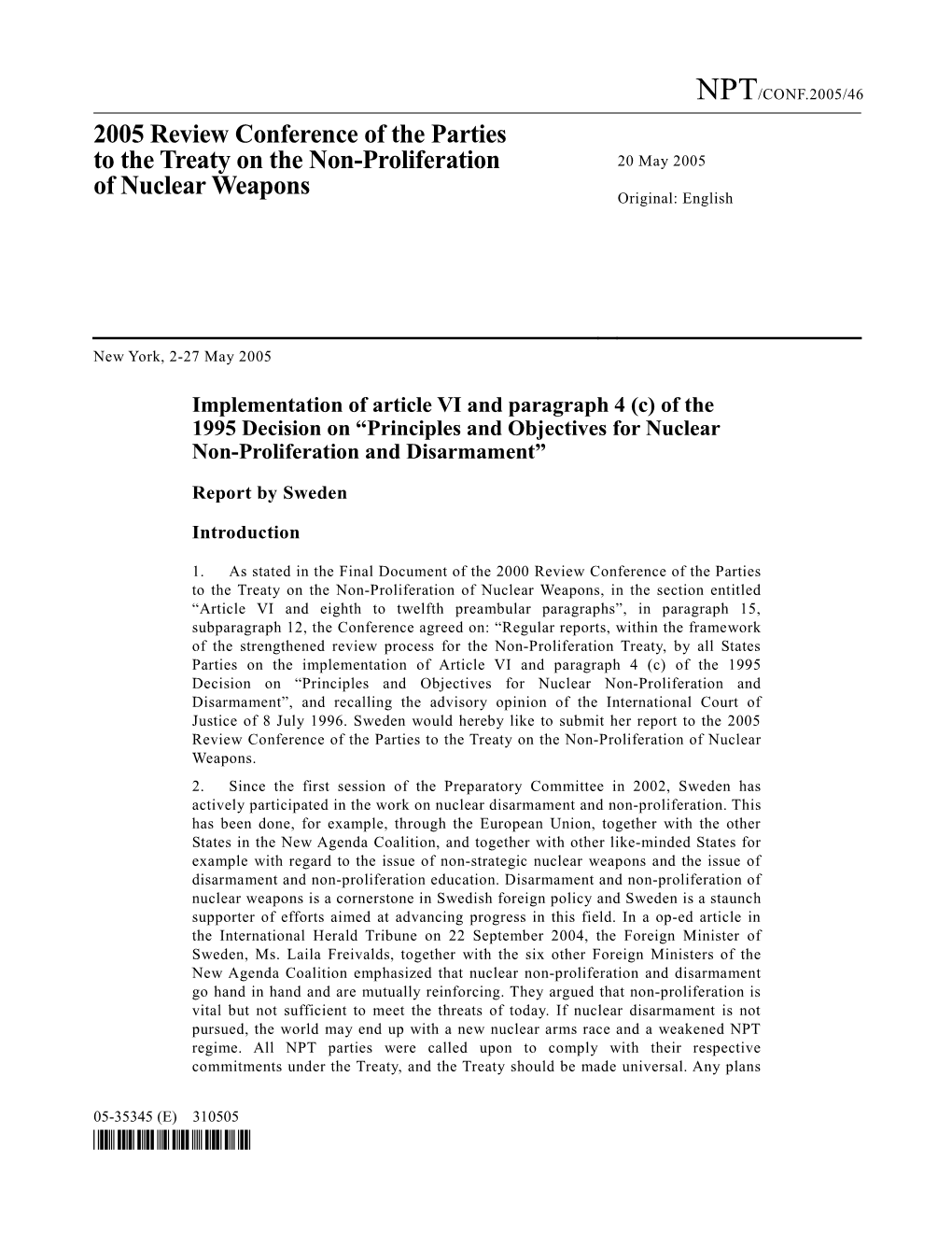 2005 Review Conference of the Parties to the Treaty on the Non-Proliferation 20 May 2005 of Nuclear Weapons Original: English