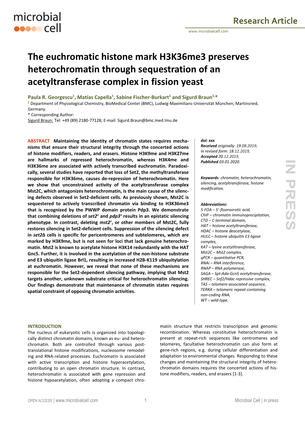 The Euchromatic Histone Mark H3k36me3 Preserves Heterochromatin Through Sequestration of an Acetyltransferase Complex in Fission Yeast