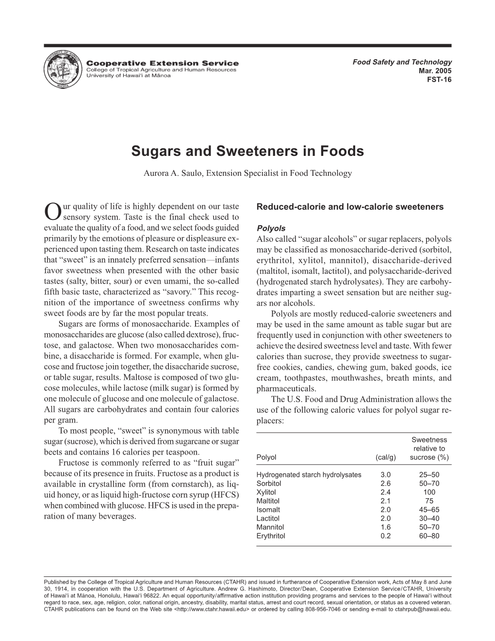 Sugars and Sweeteners in Foods