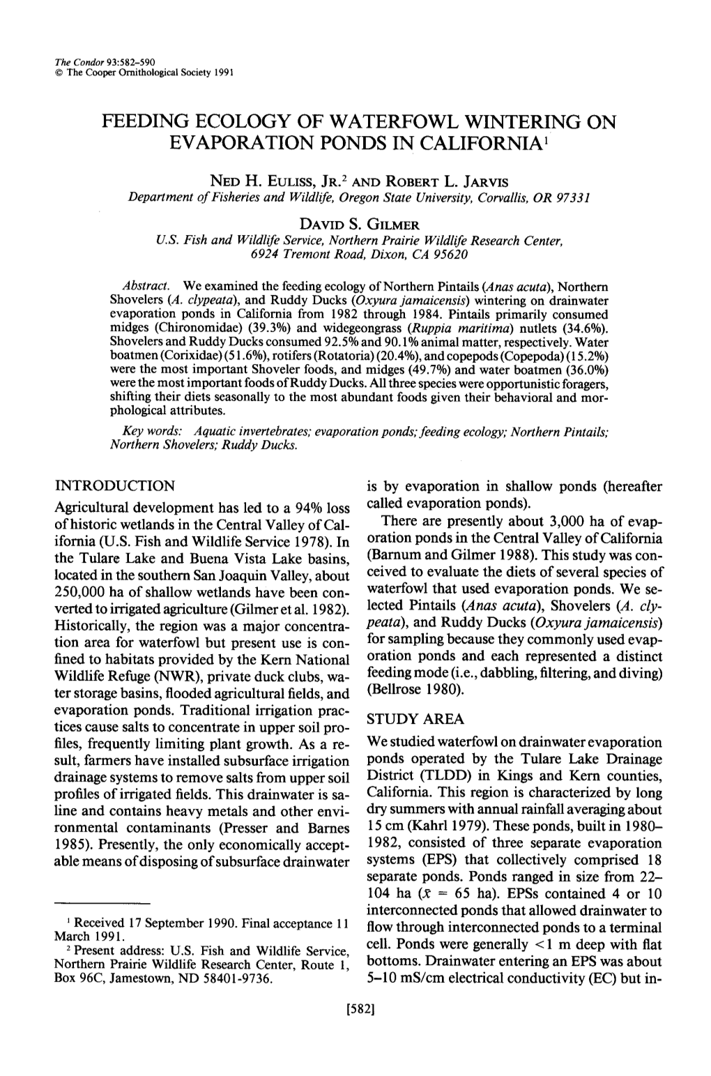 Feeding Ecology of Waterfowl Wintering on Evaporation Ponds in California’