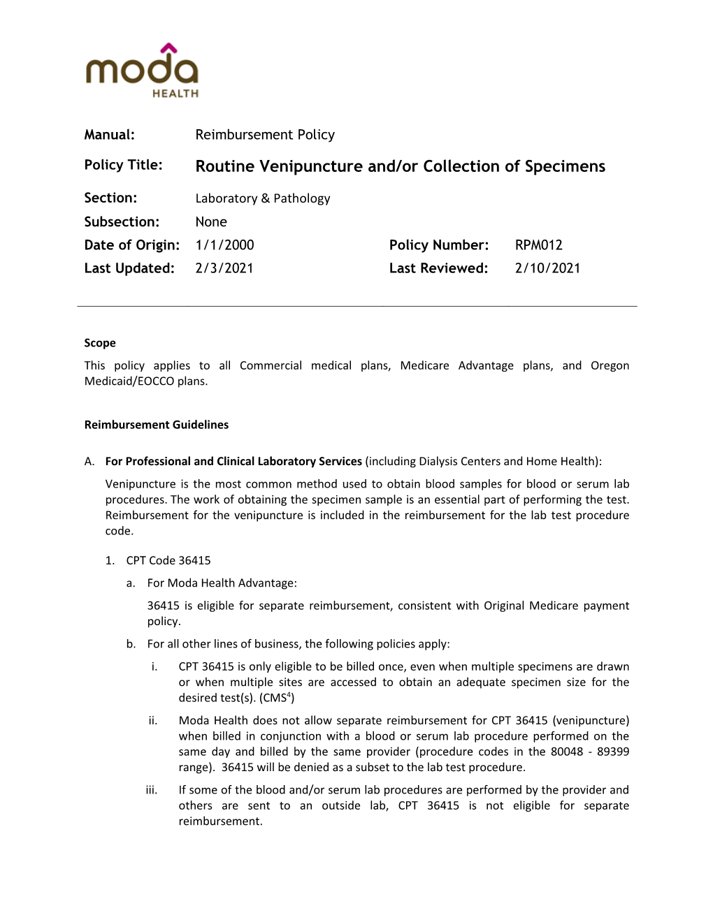 Routine Venipuncture And/Or Collection of Specimens