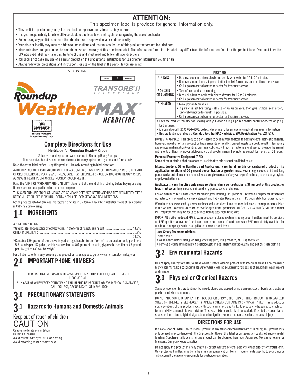 Roundup Weathermax Herbicide, EPA Registration No