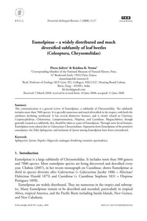 Eumolpinae – a Widely Distributed and Much Diversiﬁ Ed Subfamily of Leaf Beetles (Coleoptera, Chrysomelidae)