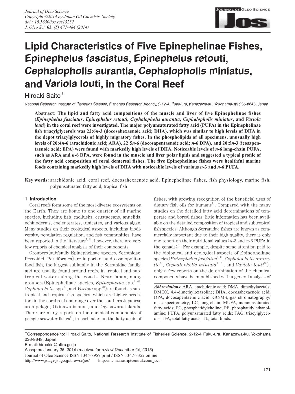 Lipid Characteristics of Five Epinephelinae Fishes, Epinephelus