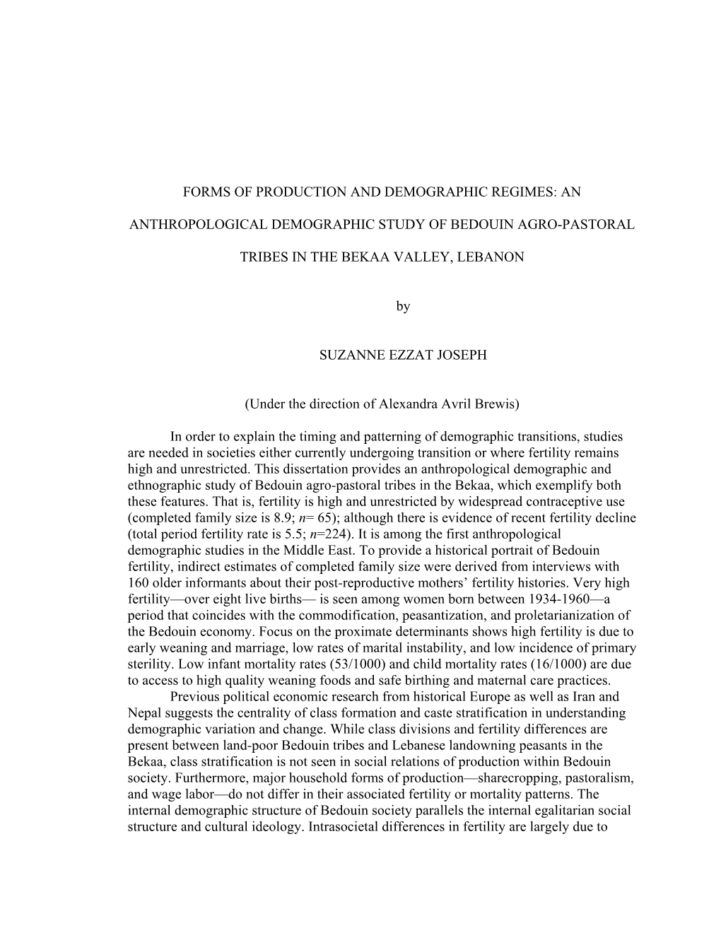 An Anthropological Demographic Study of Bedouin Agro-Pastoral Tribes in the Bekaa