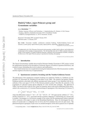 Dmitrij Volkov, Super-Poincare Group and Grassmann Variables