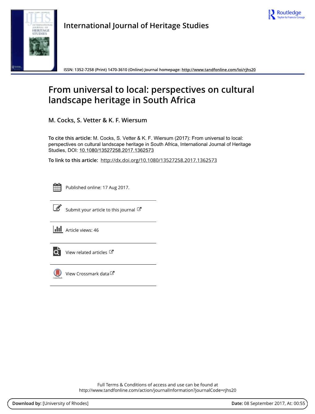 Perspectives on Cultural Landscape Heritage in South Africa