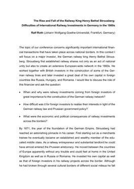 The Rise and Fall of the Railway King Henry Bethel Strousberg: Difficulties of International Railway Investments in Germany in the 1860S