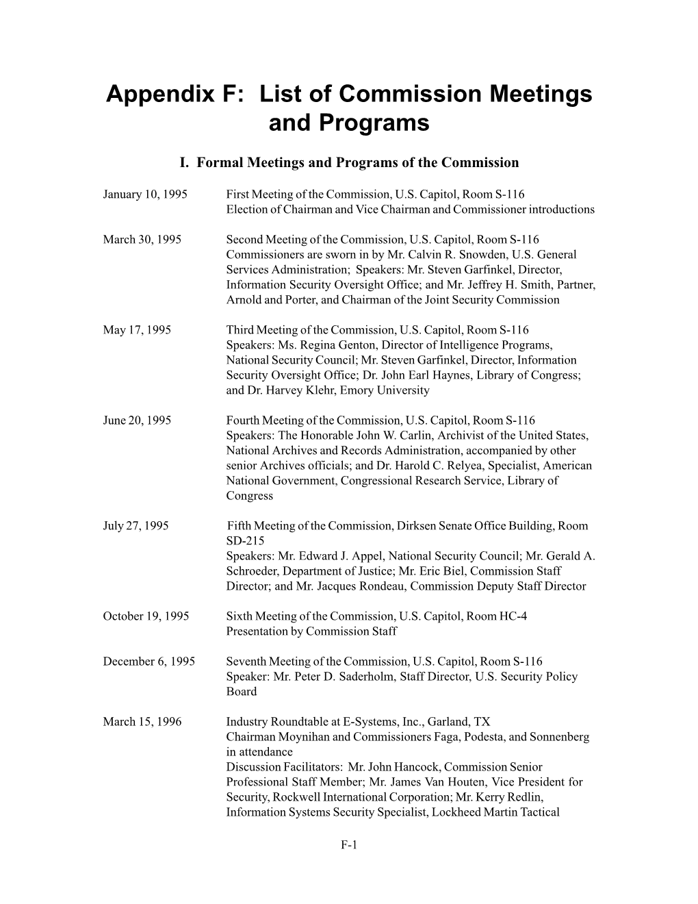 Appendix F: List of Commission Meetings and Programs