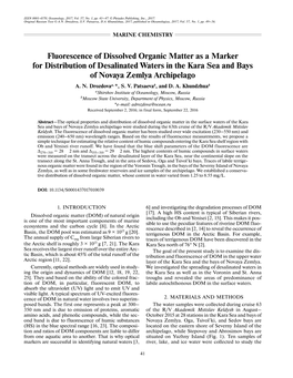 Fluorescence of Dissolved Organic Matter As a Marker for Distribution of Desalinated Waters in the Kara Sea and Bays of Novaya Zemlya Archipelago A