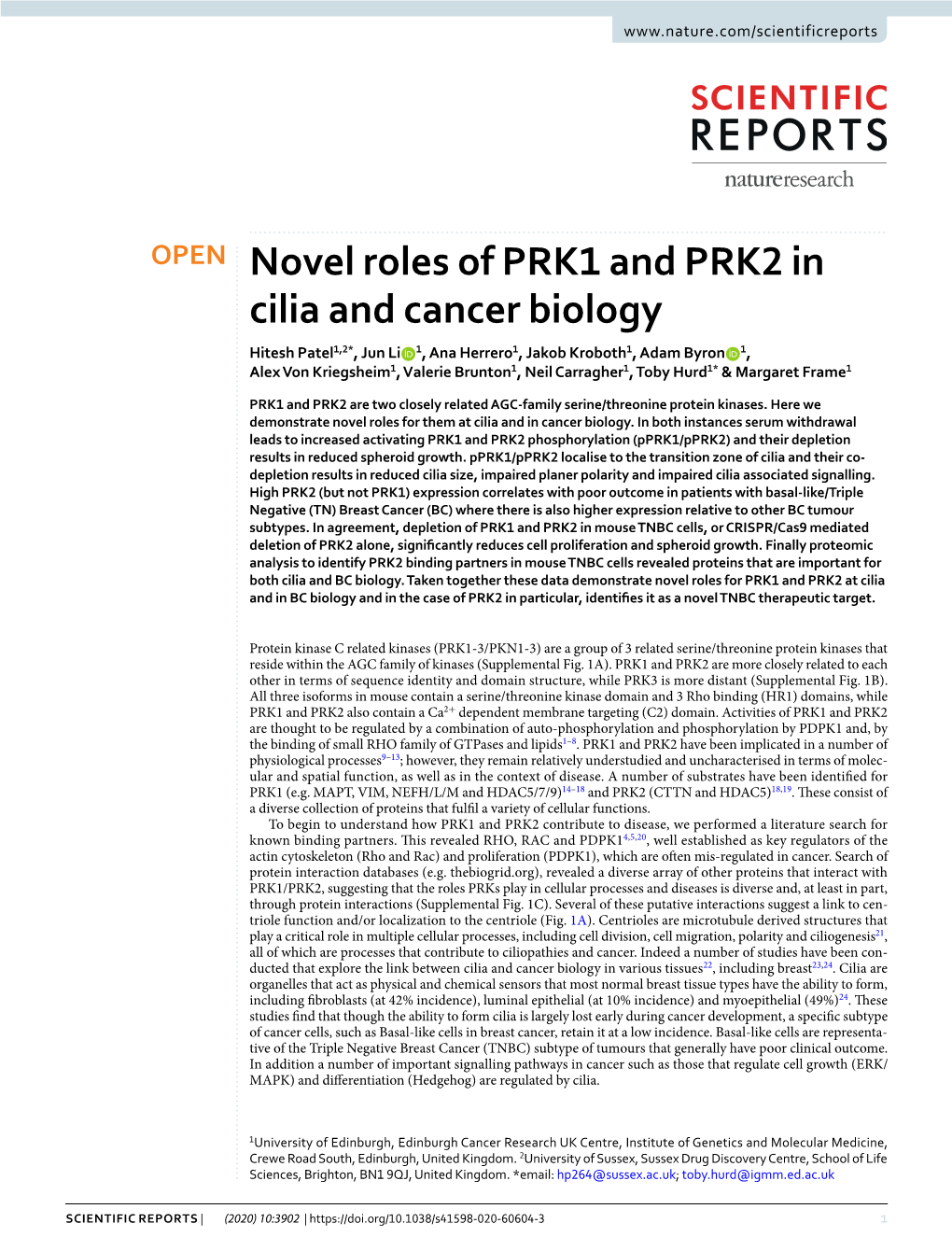 Novel Roles of PRK1 and PRK2 in Cilia and Cancer Biology