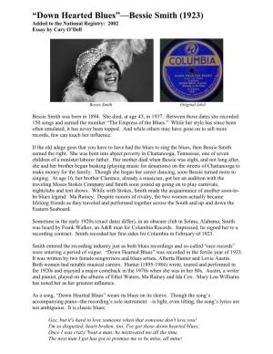 “Down Hearted Blues”—Bessie Smith (1923) Added to the National Registry: 2002 Essay by Cary O’Dell
