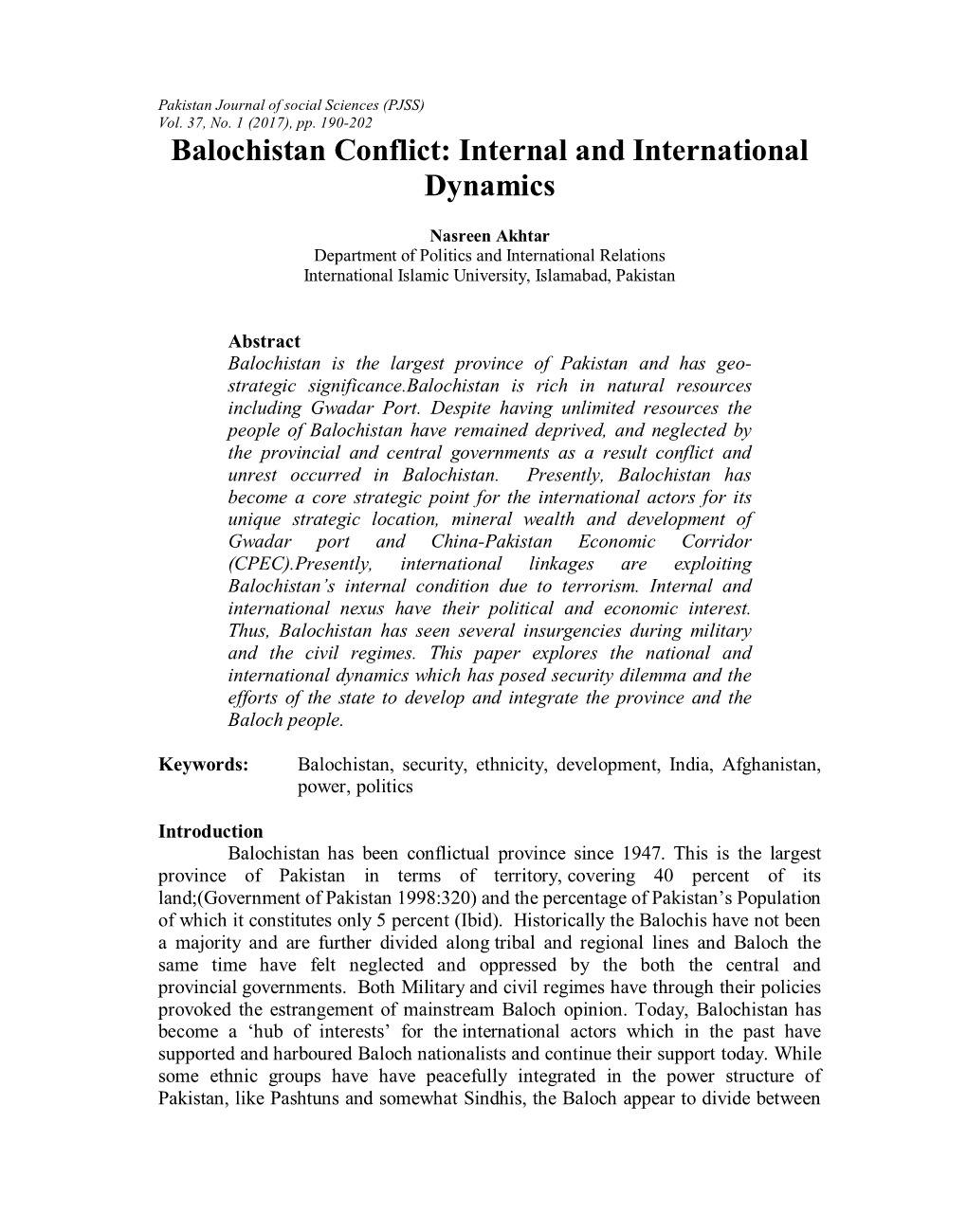 Balochistan Conflict: Internal and International Dynamics