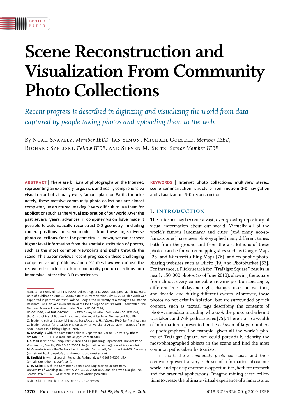 Scene Reconstruction and Visualization from Community Photo Collections