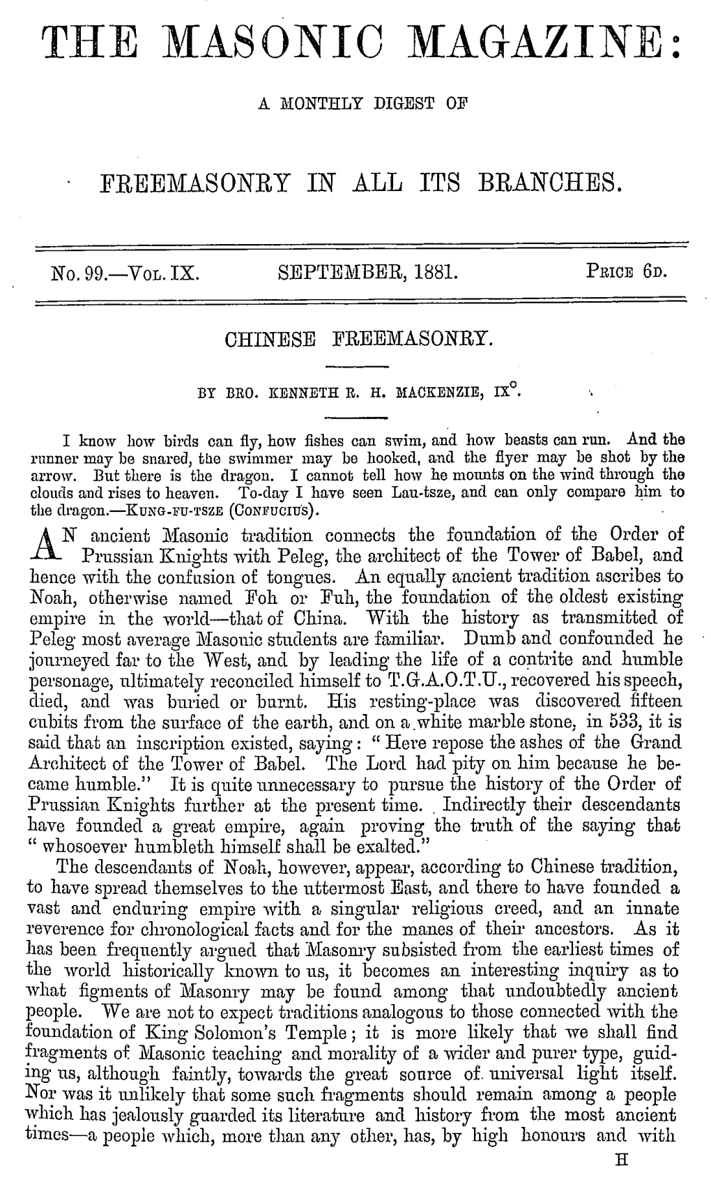 CHINESE FREEMASONRY. a N Ancient Masonic Tradition Connects