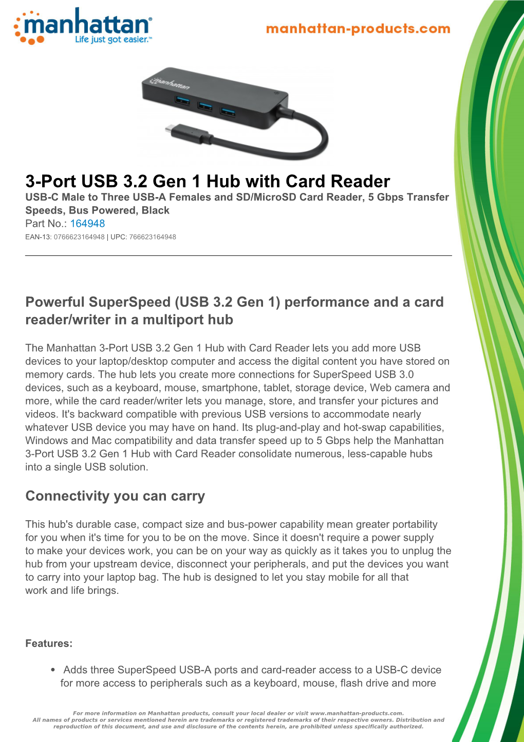 3-Port USB 3.2 Gen 1 Hub with Card Reader