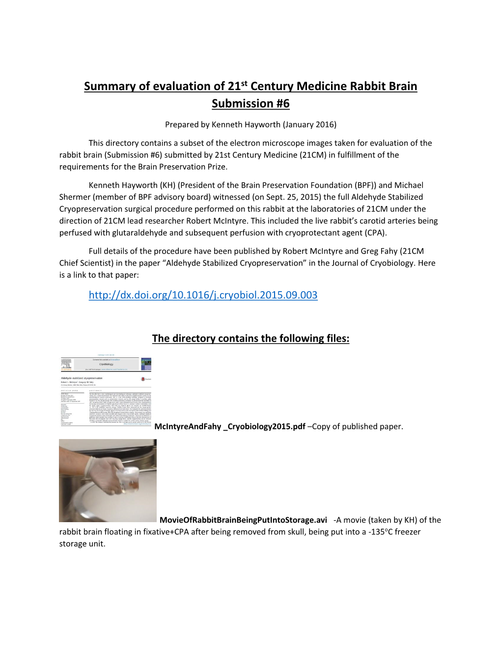Summary of Evaluation of 21St Century Medicine Rabbit Brain Submission #6