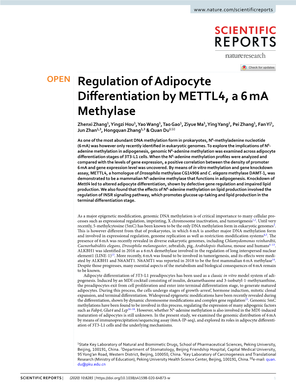 Regulation of Adipocyte Differentiation by METTL4, a 6 Ma