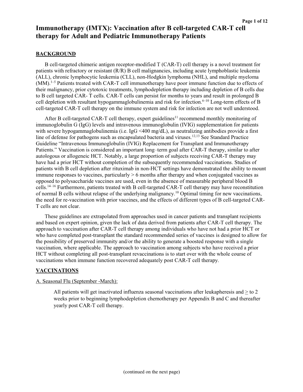 Immunotherapy (IMTX): Vaccination After B Cell-Targeted CAR-T Cell Therapy for Adult and Pediatric Immunotherapy Patients