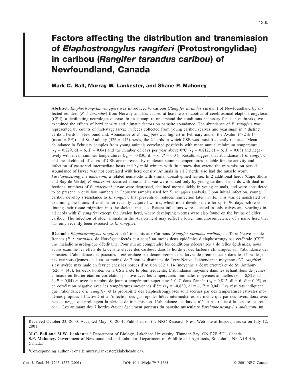 Factors Affecting the Distribution and Transmission of Elaphostrongylus Rangiferi (Protostrongylidae) in Caribou (Rangifer Tarandus Caribou)Of Newfoundland, Canada