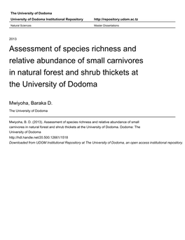 Assessment of Species Richness and Relative Abundance of Small Carnivores in Natural Forest and Shrub Thickets at the University of Dodoma