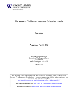 University of Washington Inner Asia Colloquiam, Accession No. 85-042