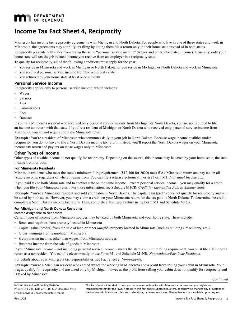 Income Tax Fact Sheet 4, Reciprocity