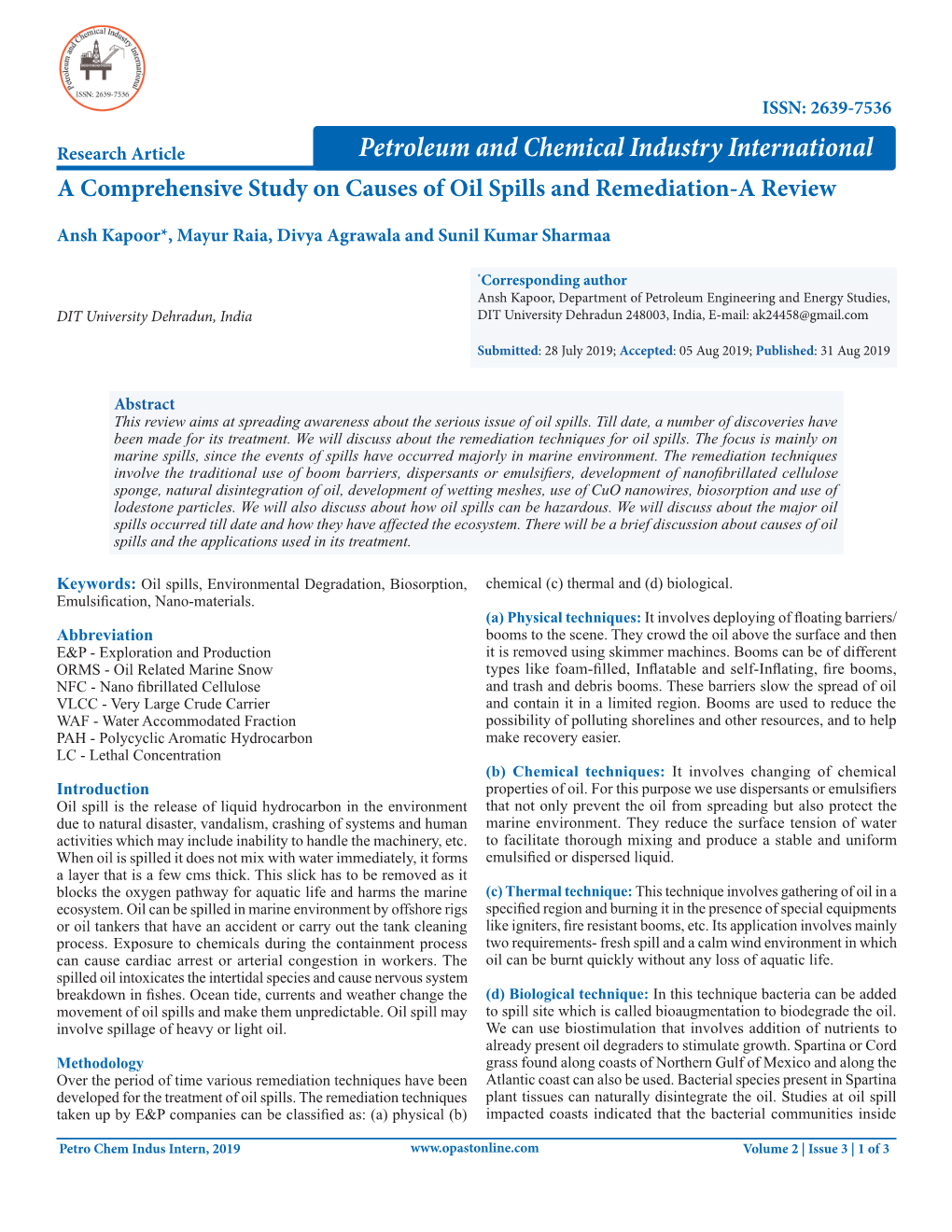 Petroleum and Chemical Industry International a Comprehensive Study on Causes of Oil Spills and Remediation-A Review