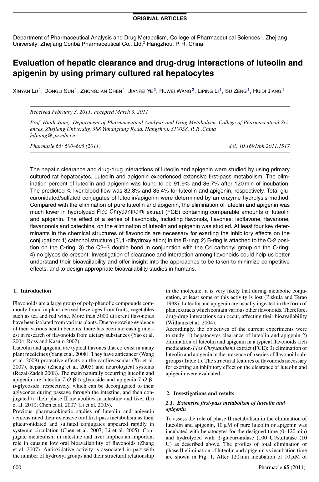 Evaluation of Hepatic Clearance and Drug-Drug Interactions of Luteolin and Apigenin by Using Primary Cultured Rat Hepatocytes