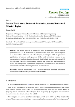 Recent Trend and Advance of Synthetic Aperture Radar with Selected Topics