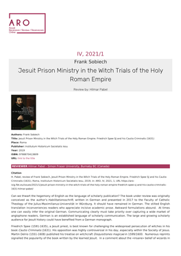 Jesuit Prison Ministry in the Witch Trials of the Holy Roman Empire