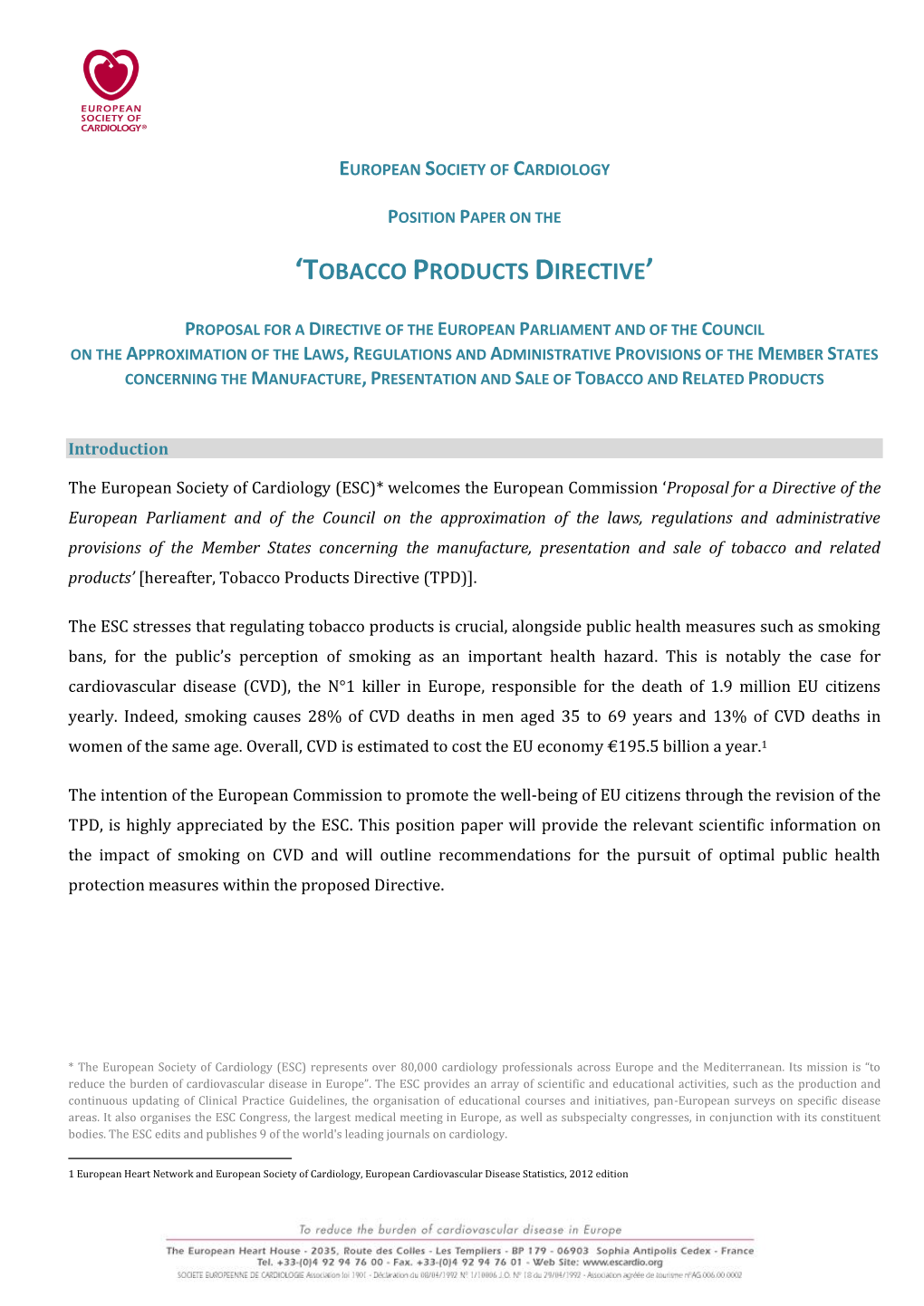 European Society of Cardiology Position Paper on the 'Tobacco Products Directive'