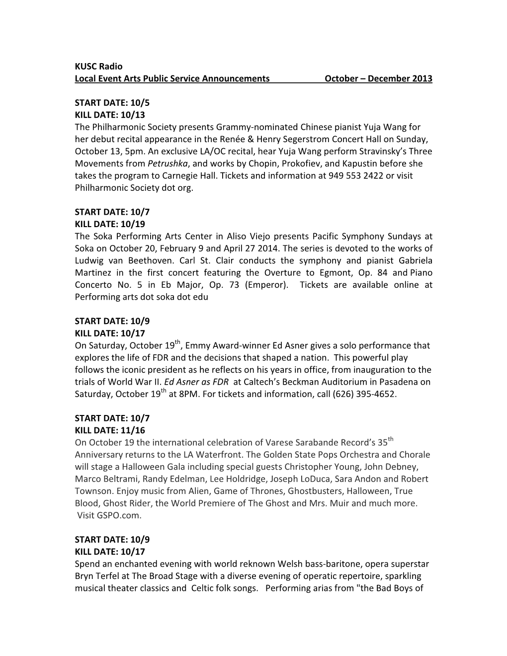 KUSC Radio Local Event Arts Public Service Announcements October – December 2013