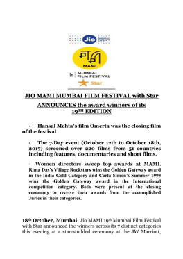 JIO MAMI MUMBAI FILM FESTIVAL with Star ANNOUNCES the Award Winners of Its 19TH EDITION