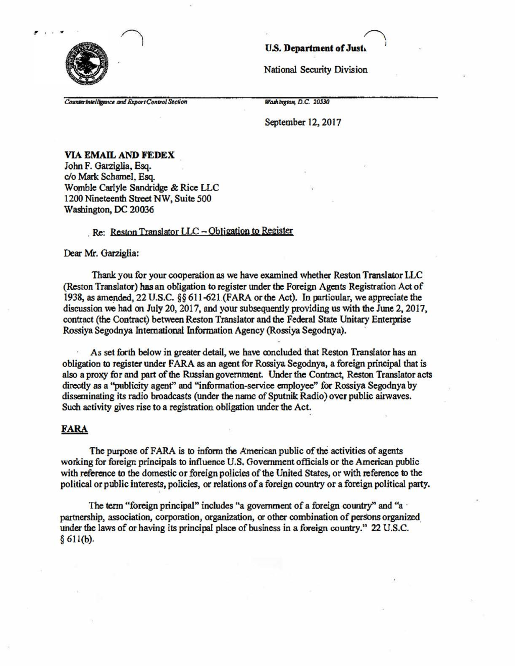 Reston Translator LLC (Reston Translator) Has an Obligation to Register W1der the Foreign Agents Registration Act of 1938, As Amended, 22 U.S.C