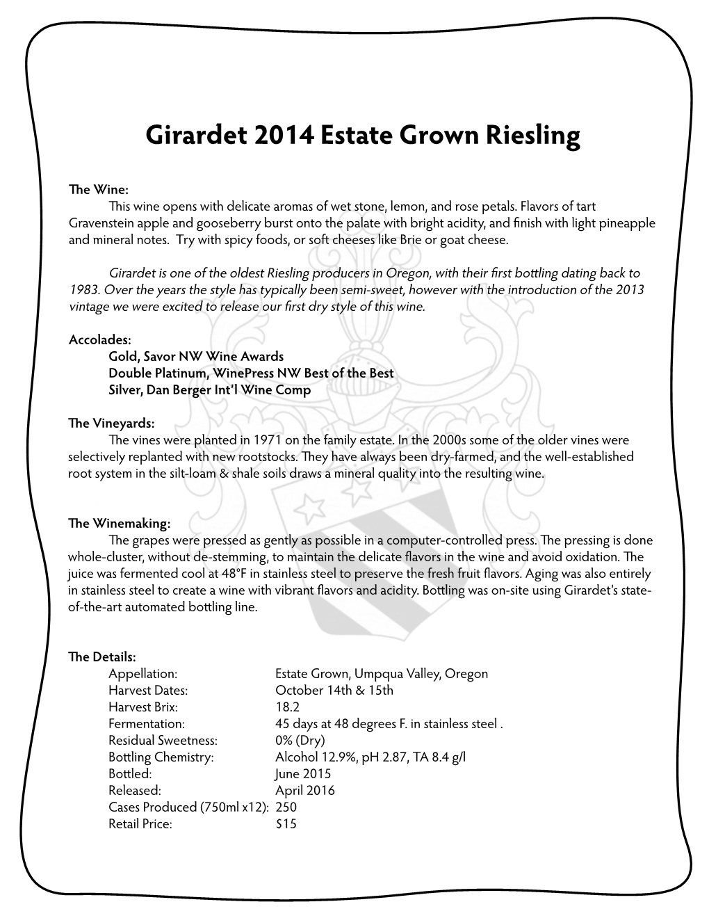 Girardet 2014 Estate Grown Riesling