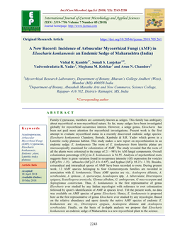 Incidence of Arbuscular Mycorrhizal Fungi (AMF) in Eleocharis Konkanensis an Endemic Sedge of Maharashtra (India)