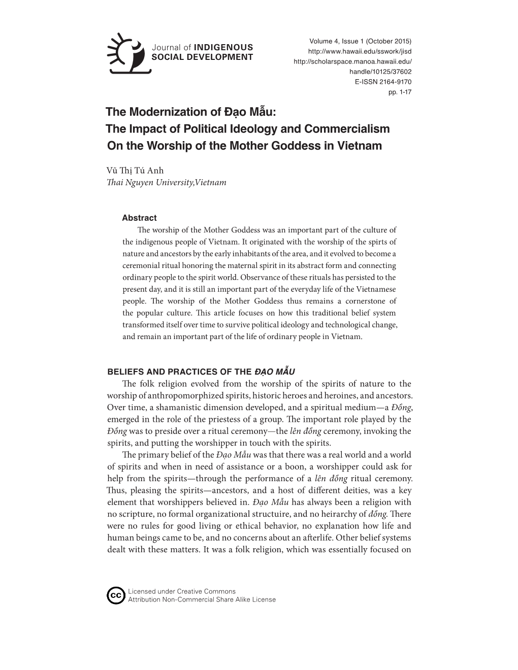 The Modernization of Đạo Mẫu: the Impact of Political Ideology and Commercialism on the Worship of the Mother Goddess in Vietnam