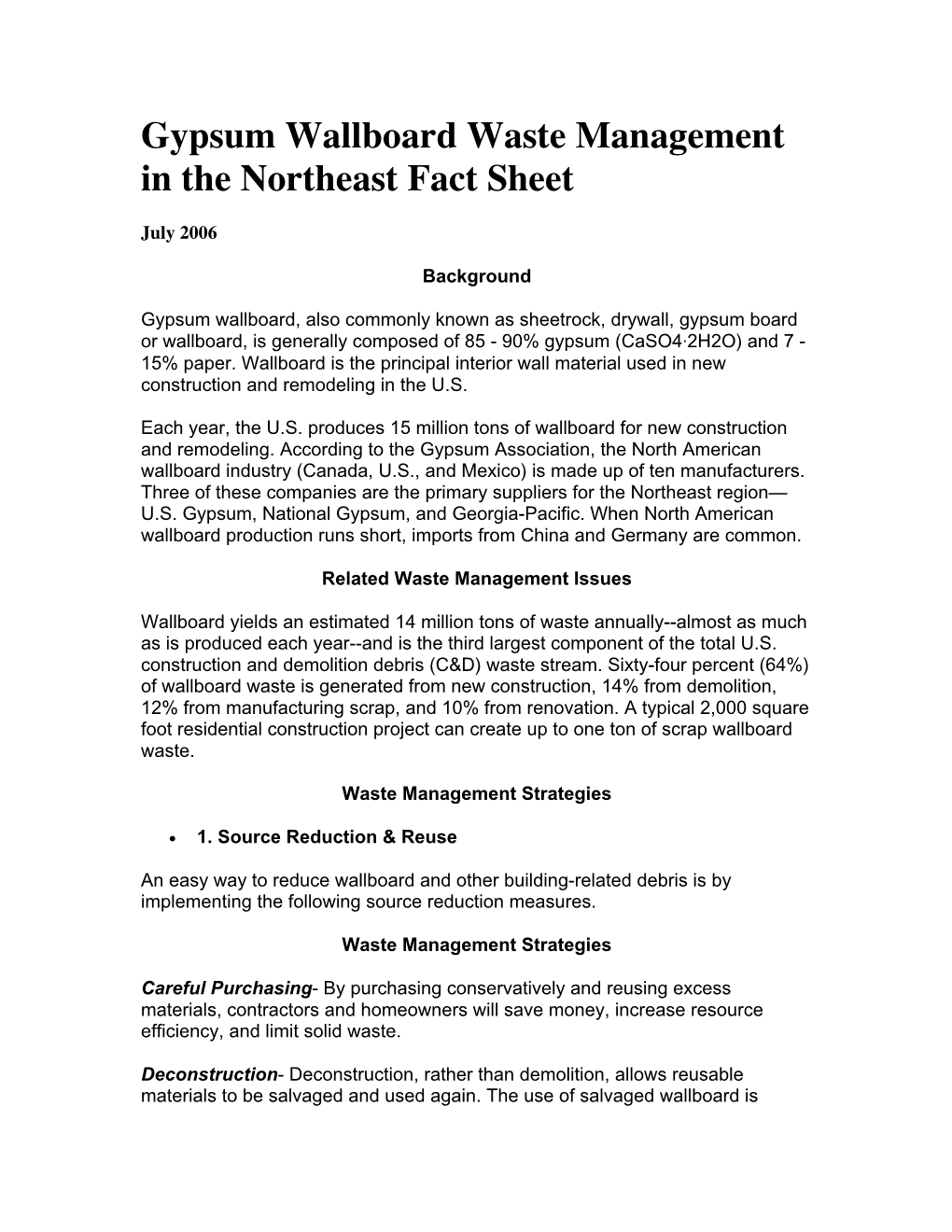 Gypsum Wallboard Waste Management in the Northeast Fact Sheet