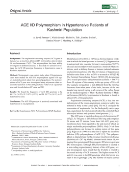 ACE I/D Polymorphism in Hypertensive Patients of Kashmiri Population