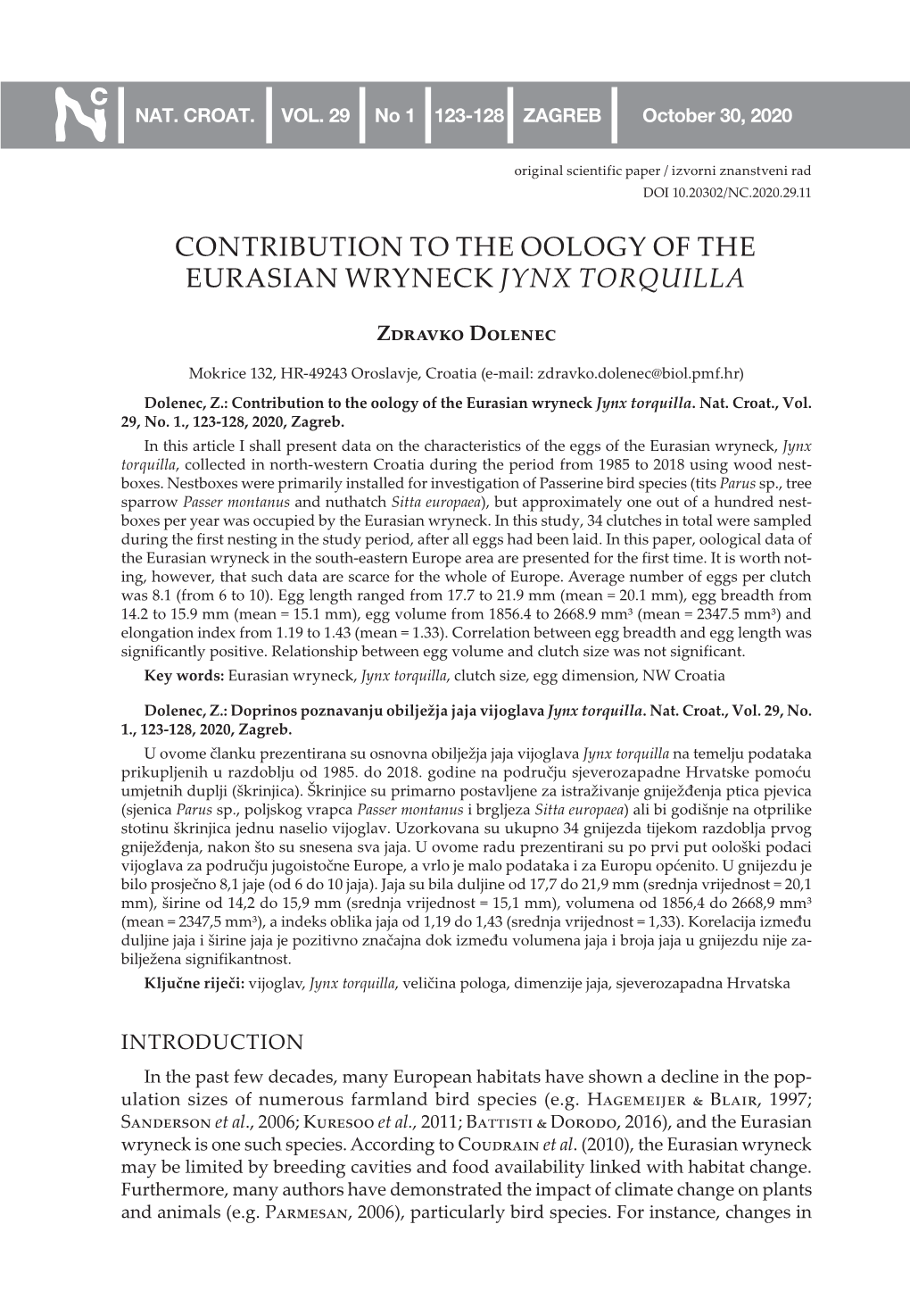 Contribution to the Oology of the Eurasian Wryneck Jynx Torquilla