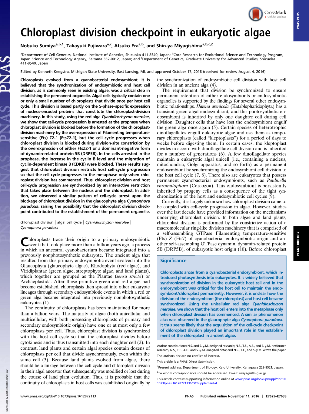 Chloroplast Division Checkpoint in Eukaryotic Algae PNAS PLUS