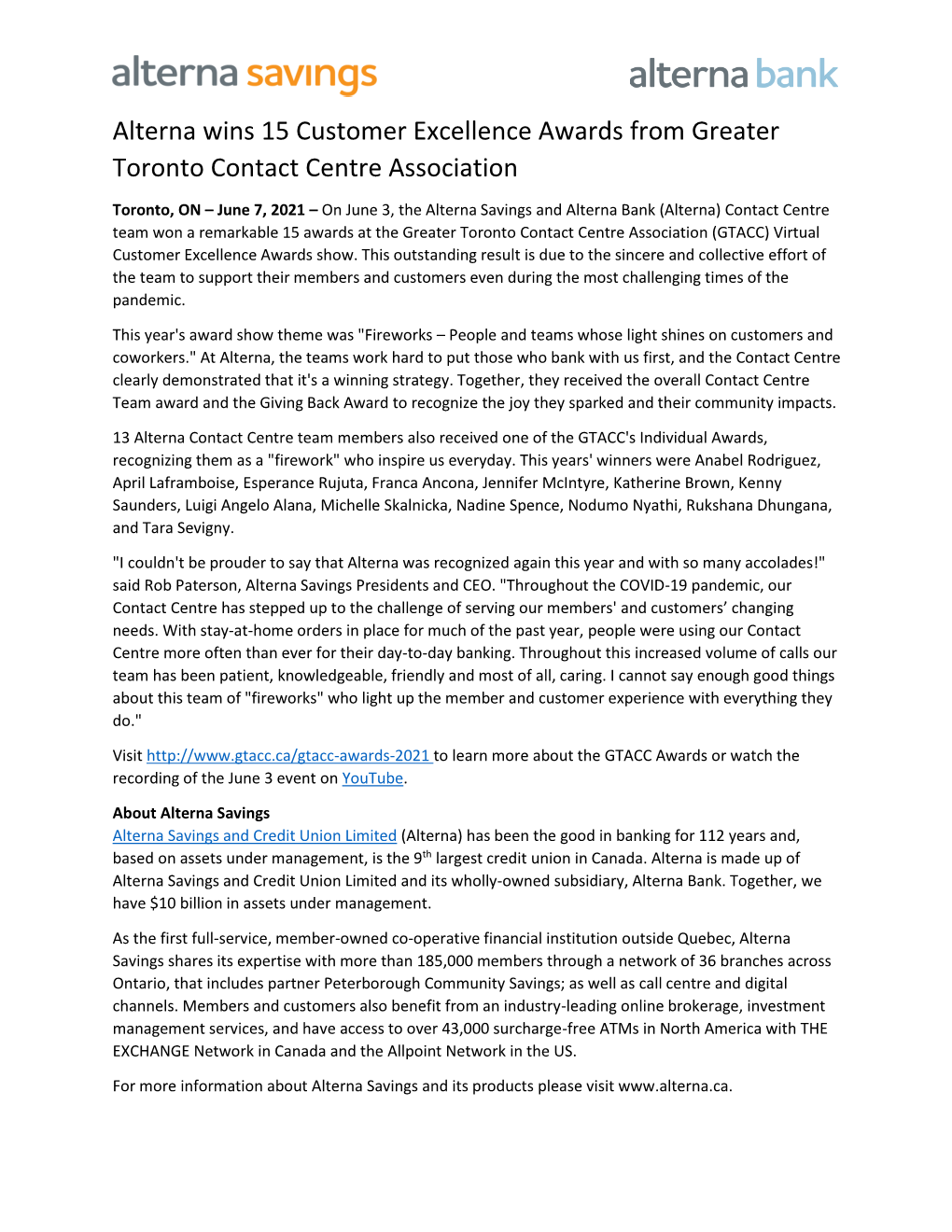 Alterna Wins 15 Customer Excellence Awards from Greater Toronto Contact Centre Association