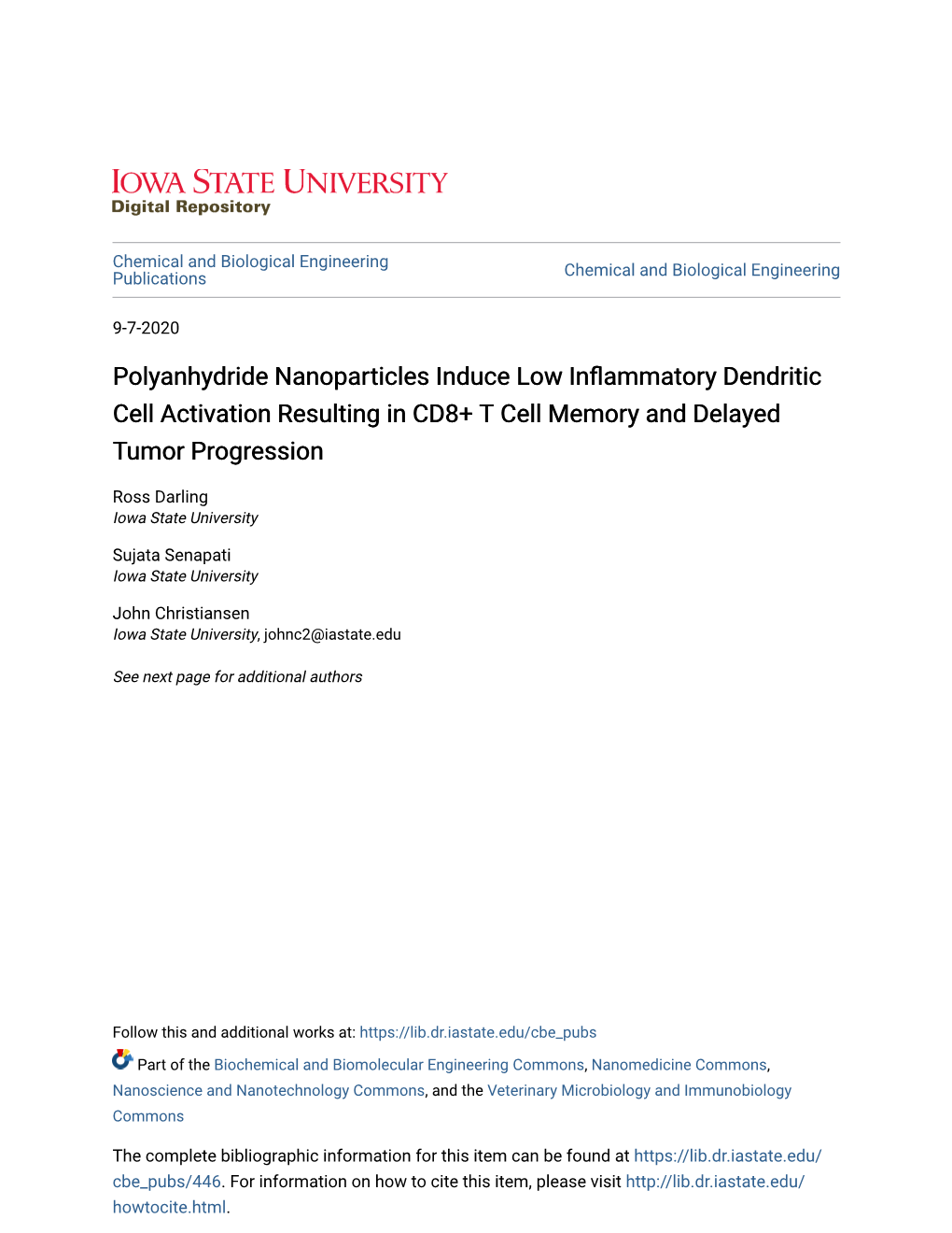 Polyanhydride Nanoparticles Induce Low Inflammatory Dendritic Cell Activation Resulting in CD8+ T Cell Memory and Delayed Tumor Progression