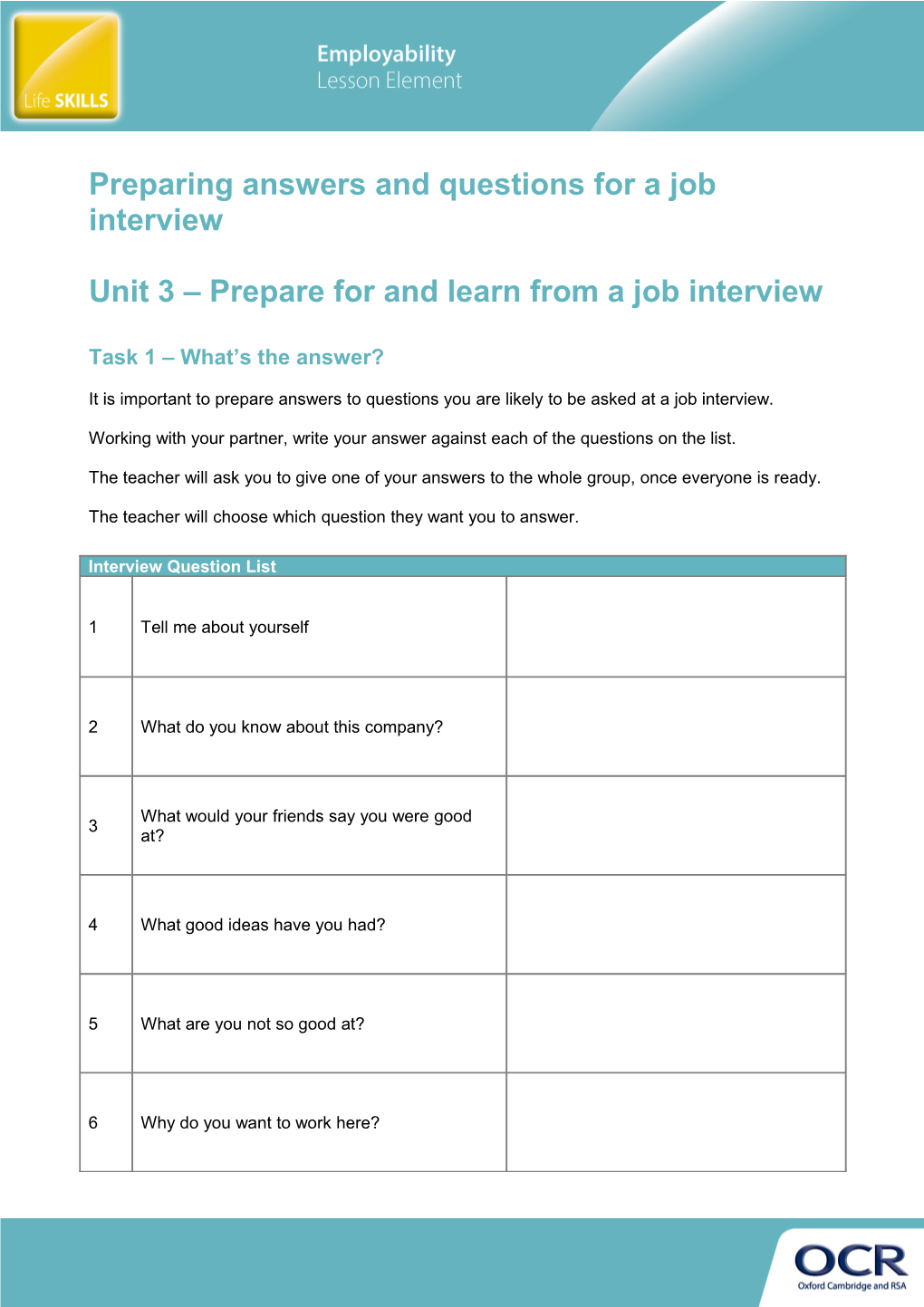 Employability Skills Unit 3 – Preparing Answers And Questions For A Job Interview