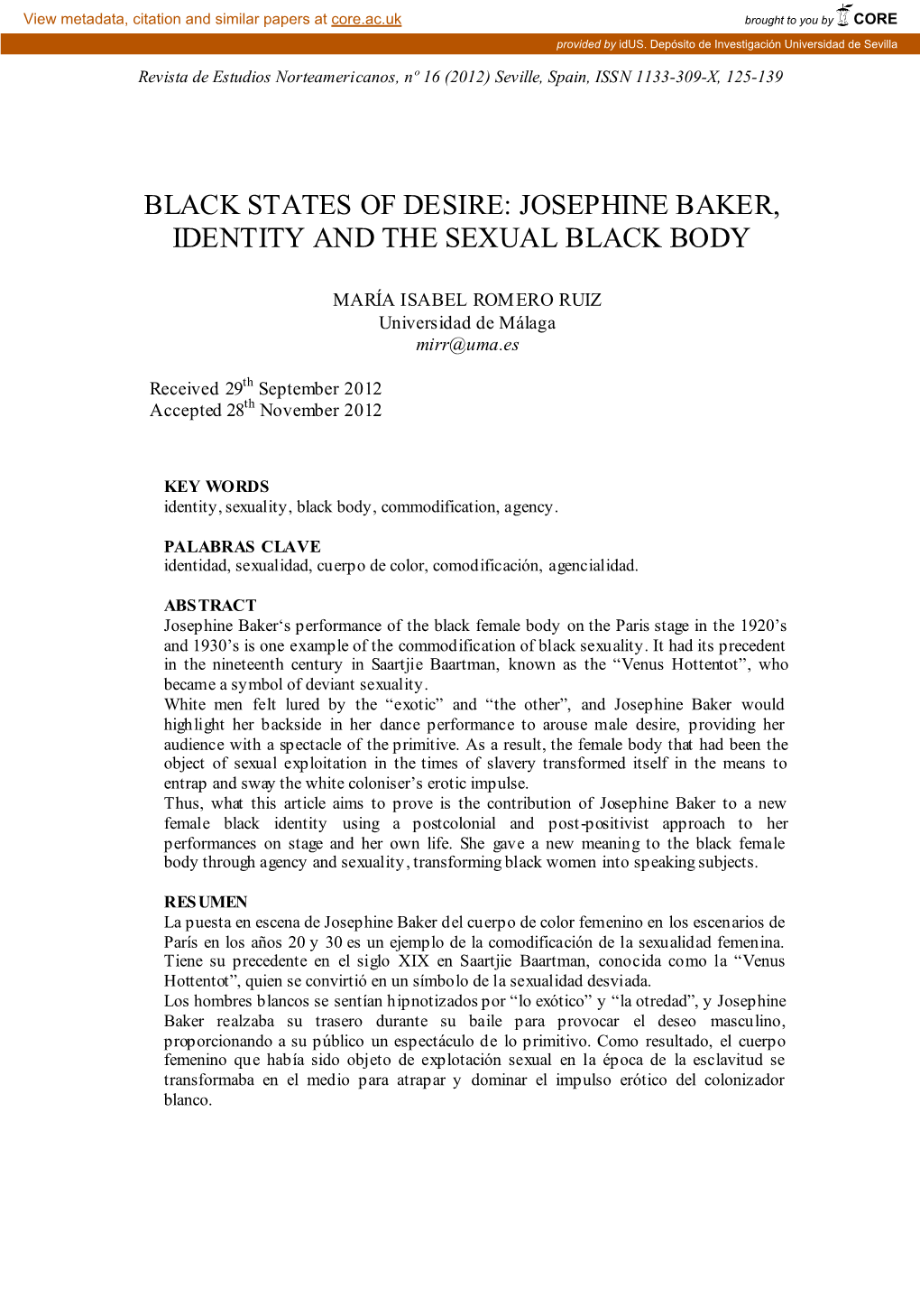 Josephine Baker, Identity and the Black Sexual Body